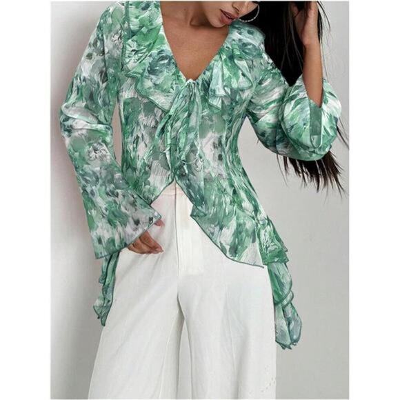 Val Boutique Tops - Women’s Floral Print Ruffle Blouse – V Neck Tie Front Long Bell Sleeve Top Green